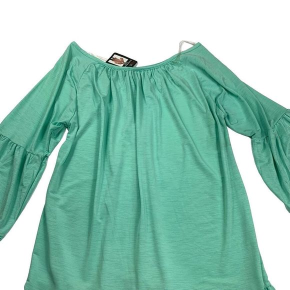 Win Win Women’s Sz XL crochet neckline tunic 3/4 bell sleeve Stretchy top - Picture 4 of 9